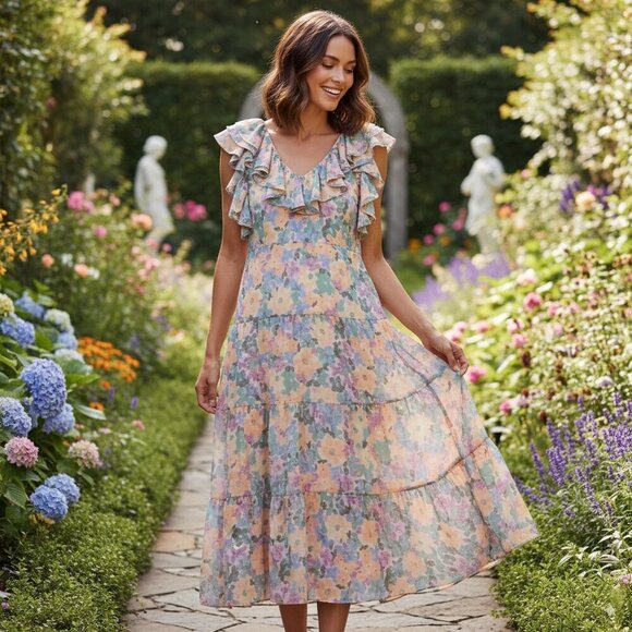 Lost + Wander Florescence Midi Dress in Yellow Purple Floral One Size NWT - Picture 1 of 6